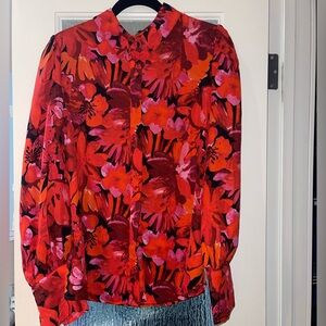 Long Sleeve Button Blouse Red, Pink and Black Pattern NWT